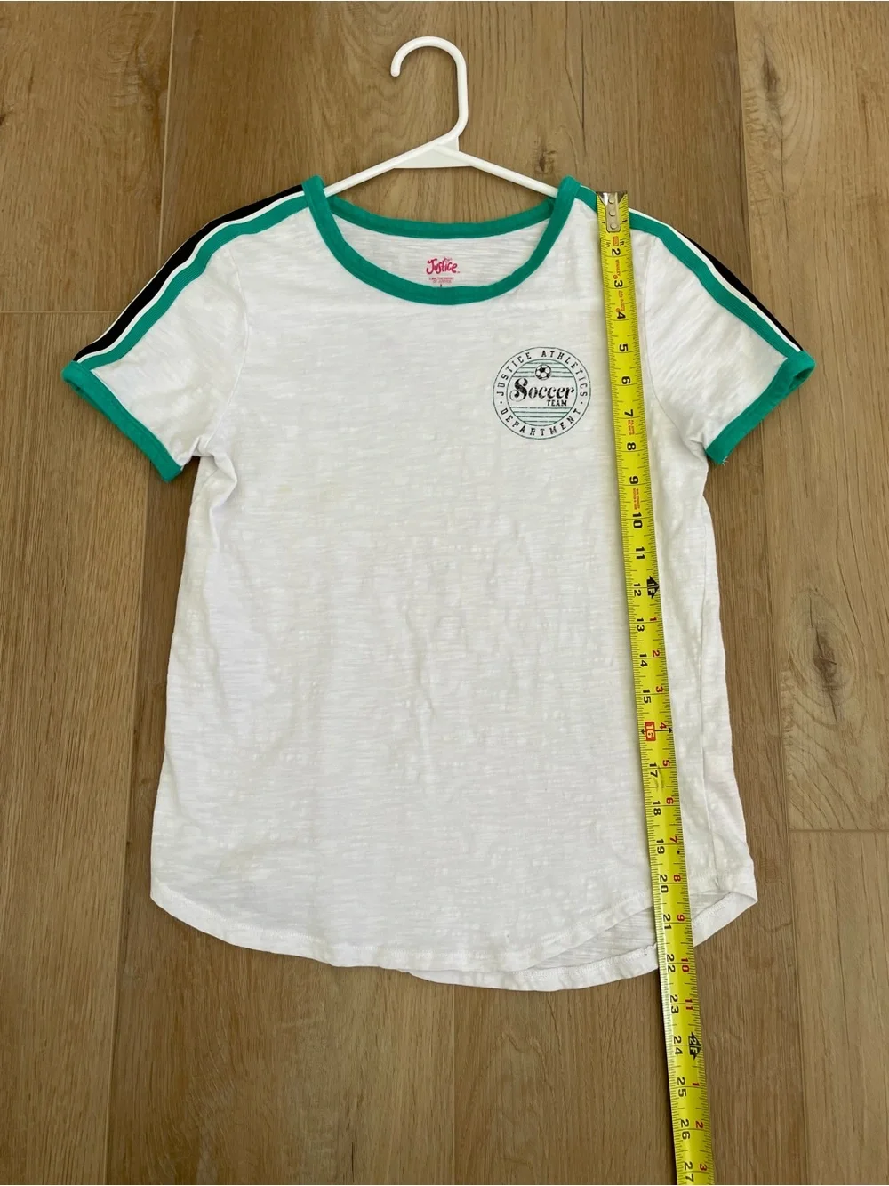 Justice Girls Soccer Team Graphic T Shirt White Green Ringer Stripe Top Size L